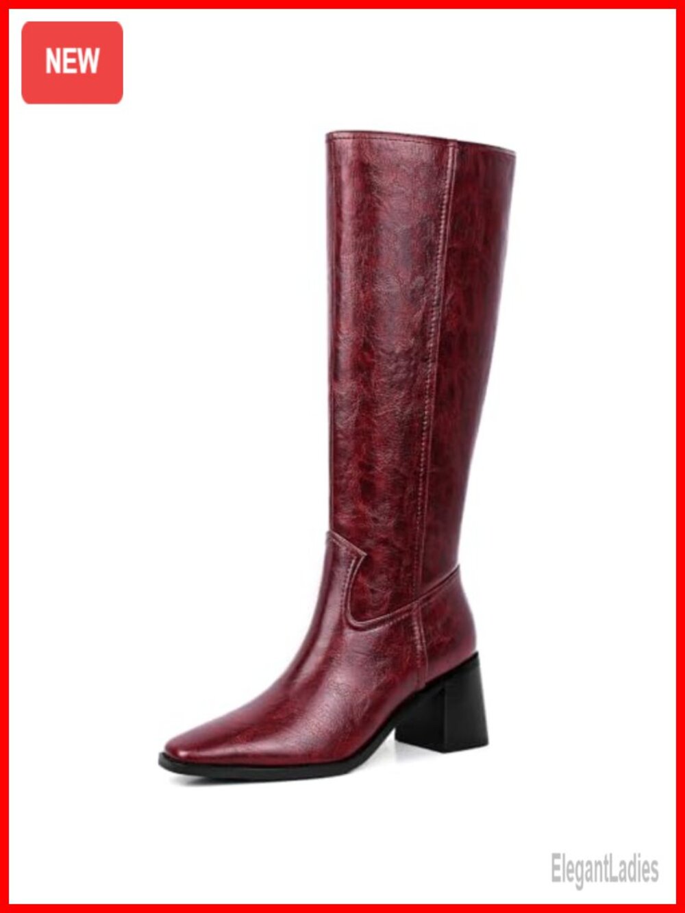 Square Toe Knee High Boots Chunky Heel Side Zip Faux Leather